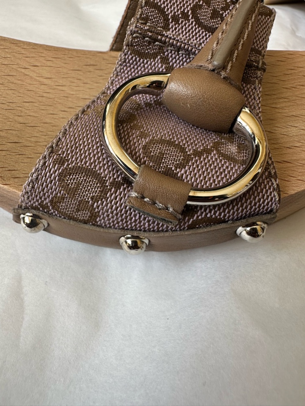 Gucci Taupe Monogram Canvas Horsebit Wooden Slide Mules - Picture 6 of 9
